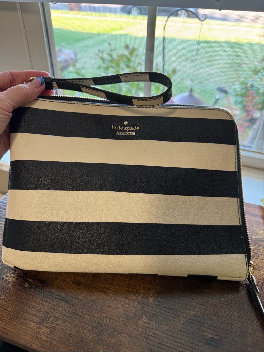 Kate Spade Black & Cream Striped Leather Wristlet Clutch Bag